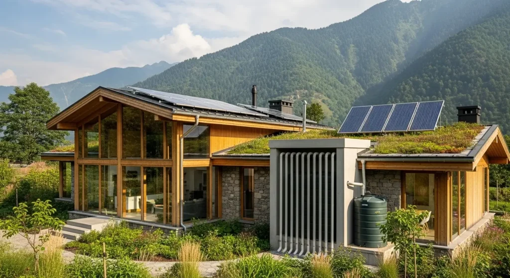 Eco-friendly smart house in Fizagat Swat with solar panels, green roofing, and scenic mountain surroundings.