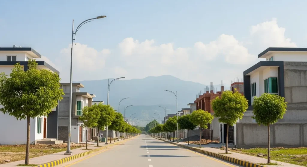 Modern Islamabad-style home near Township Kabal, highlighting affordable plots for sale in Swat with scenic mountain views.