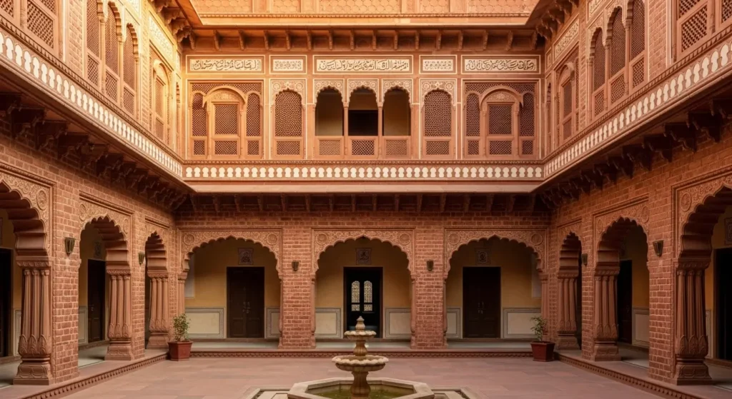 Mughal-inspired courtyard house with jharokhas, arches, and traditional brickwork, showcasing heritage architecture in Pakistan.