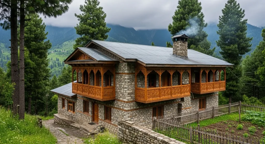 Traditional Swat-style house in Kabal or Mingora with wooden balconies and stone construction, reflecting local architecture.