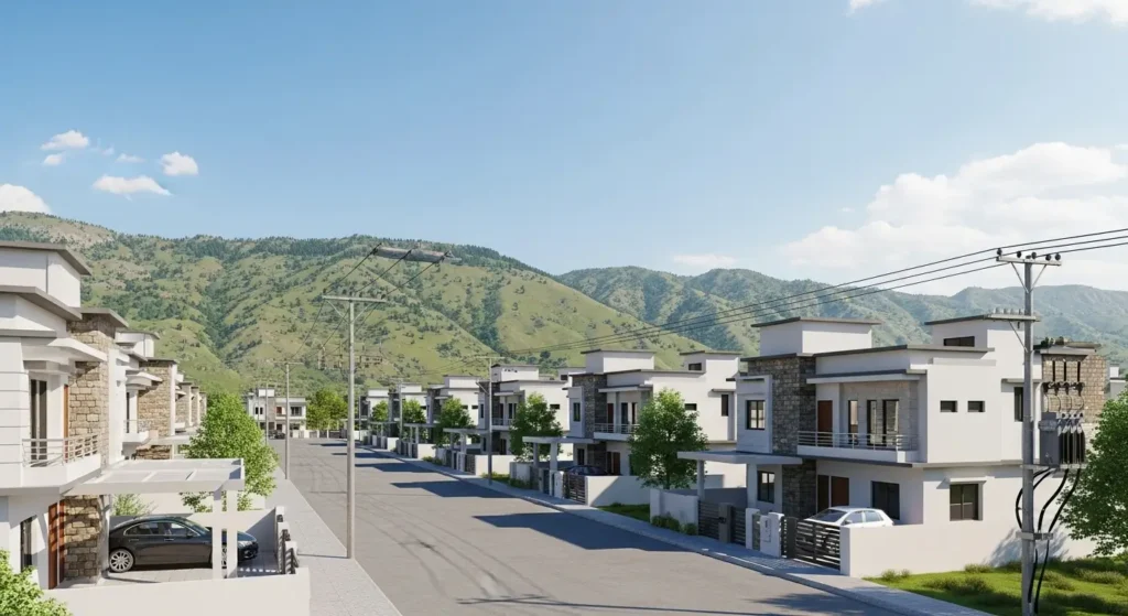 Construction site of a new house on a 10 Marla plot for sale in Swat, blending natural surroundings with urban development.