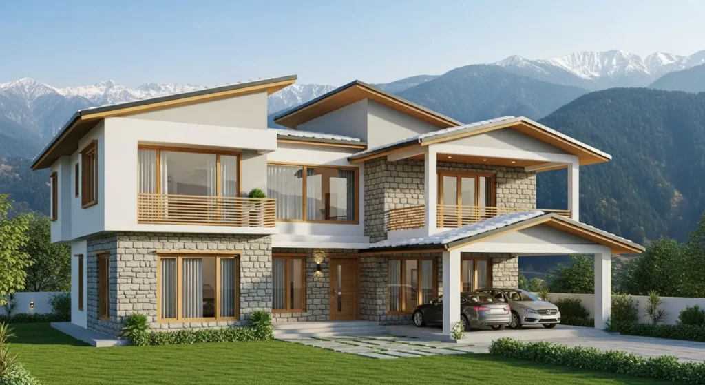 Street view of 5 Marla houses in Swat with traditional designs and green hills in the background