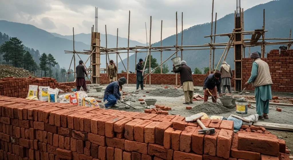 Construction site of a 5 Marla house in Swat with red bricks, scaffolding, and local workers