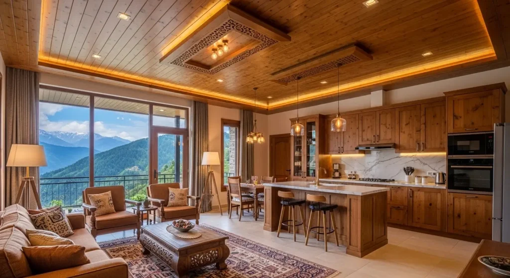 Interior of a 5 Marla home in Swat featuring open living space, wooden ceiling, and mountain view