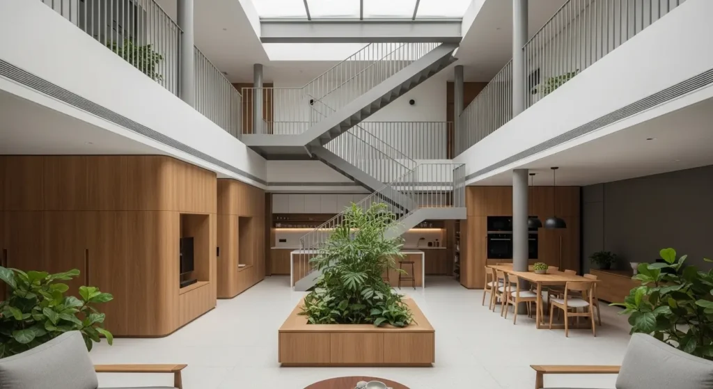 Pakistani House Architecture interior with open‑plan living, double‑height void, and north skylights for soft daylight.