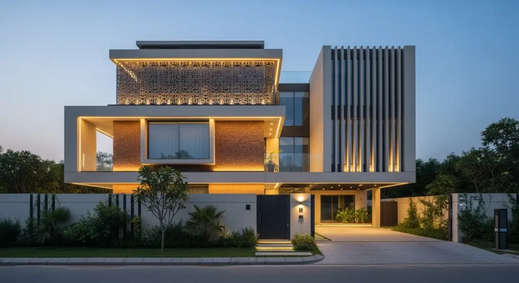 Pakistani House Architecture front elevation with exposed brick, deep overhangs, and metal jaali screening in Islamabad.