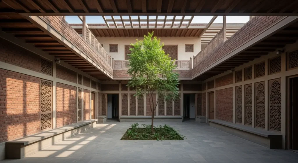 Pakistani House Architecture with a shaded courtyard, jaali screens, and cross‑ventilation in a modern Lahore home.
