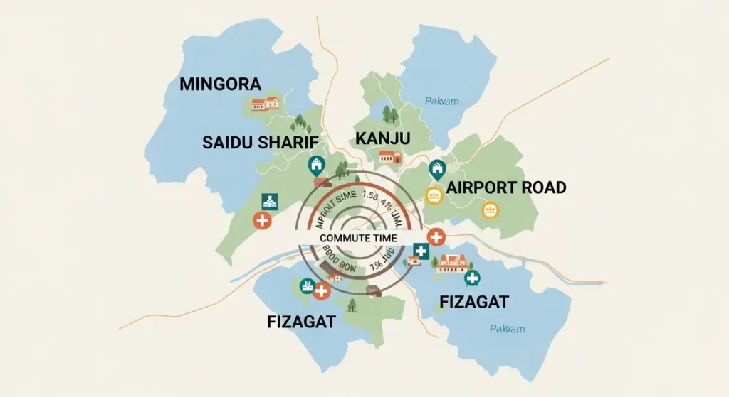 Illustrated location map highlighting key areas, amenities, and access for Swat Valley housing schemes