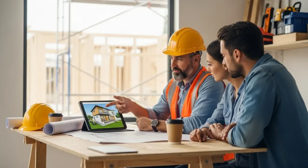 Architect showing house blueprint for custom home design in Pakistan