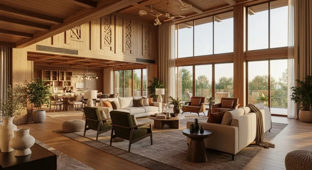 Elegant living room interior in a 1 Kanal house design in Swat with mountain-inspired decor