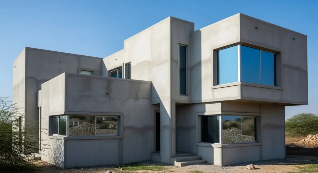 Grey structure house under construction in Pakistan 2025, highlighting the early building phase in Grey Structure vs. Finishing Cost in Pakistan 2025.