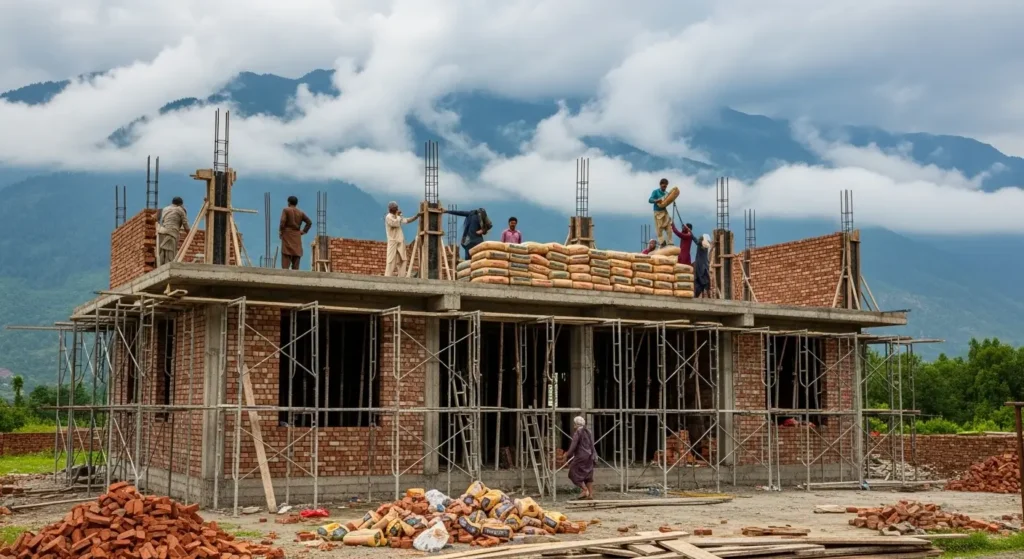 Construction progress of a 1 Kanal house design in Swat using local bricks and cement