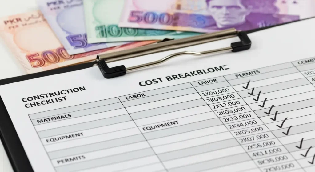 Construction cost breakdown for houses in Pakistan 2025 with checklist and rupee notes.