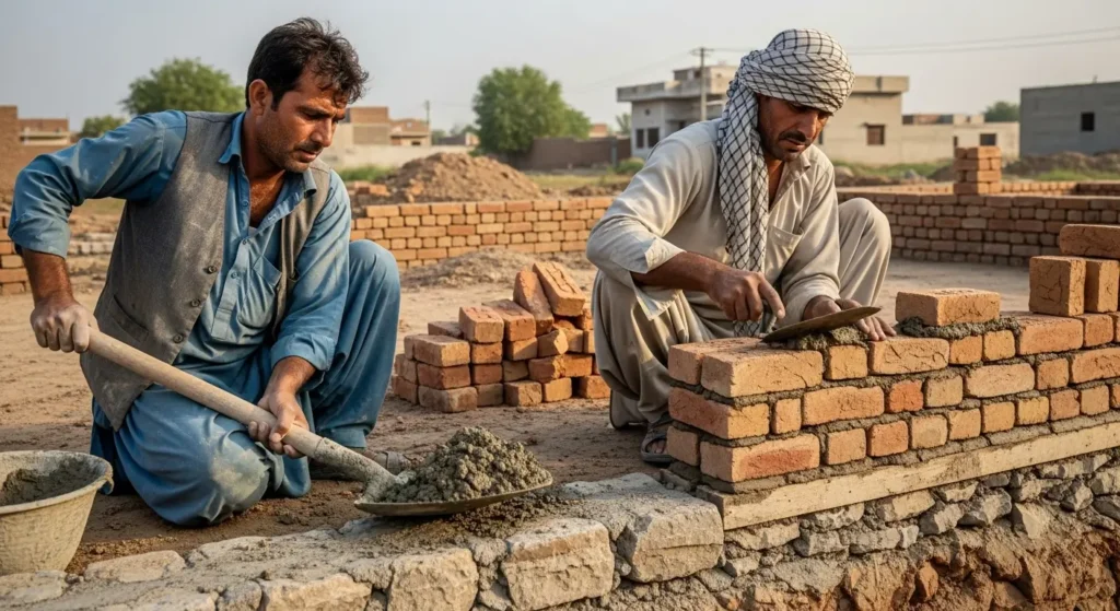 Laborers building the foundation of a 3 Marla house in Pakistan using bricks and cement in 2025.