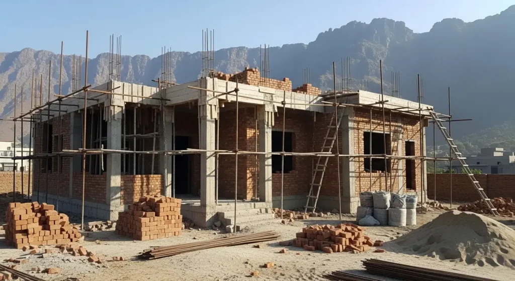 Grey structure of 5 Marla house in Pakistan under construction