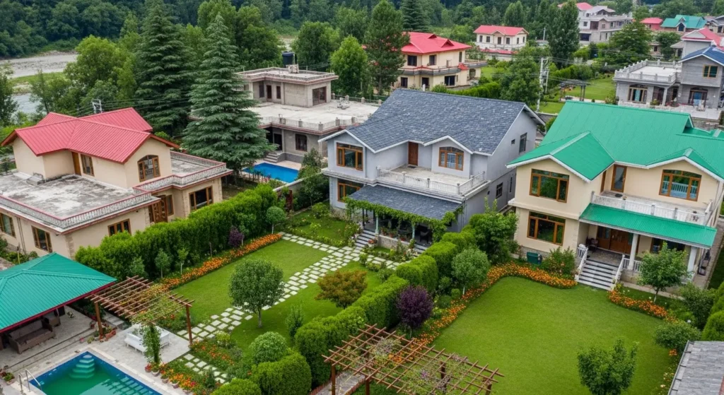Bird’s-eye view of 1 Kanal house designs in Swat in a scenic mountain community