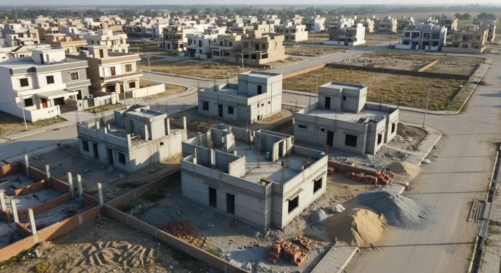 Aerial view of a housing society in Pakistan with houses at different stages of construction – some complete, some in grey structure.