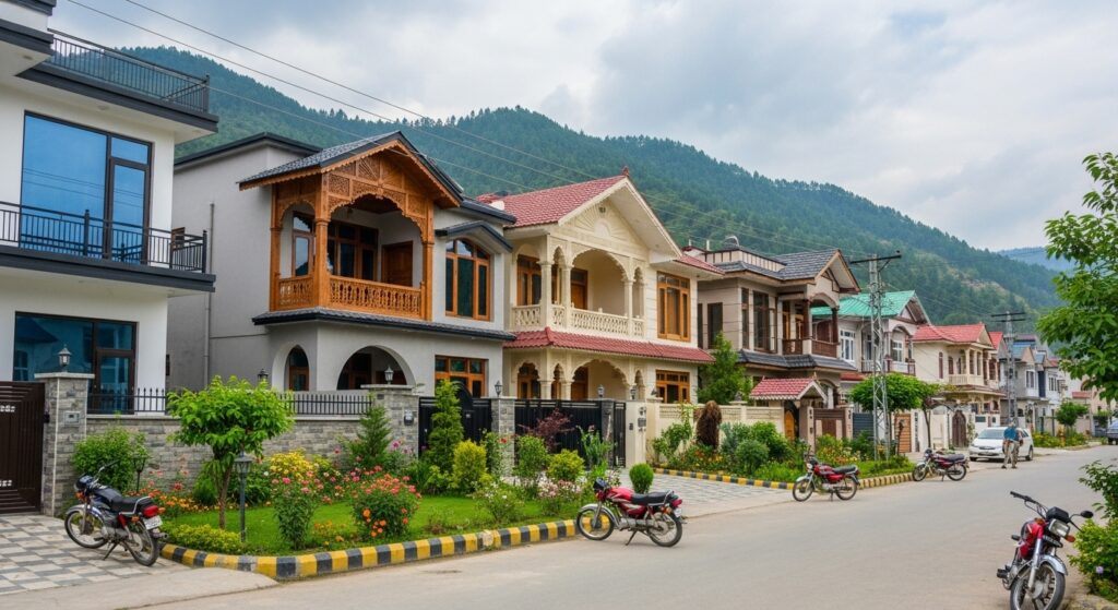 Street view of 5 Marla houses in Swat with traditional designs and green hills in the background