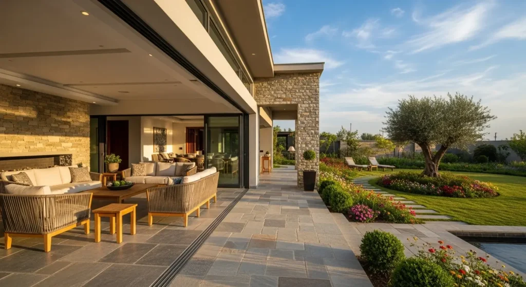 Indoor-outdoor living space reflecting interior design trends in Swat 2025 with garden views.