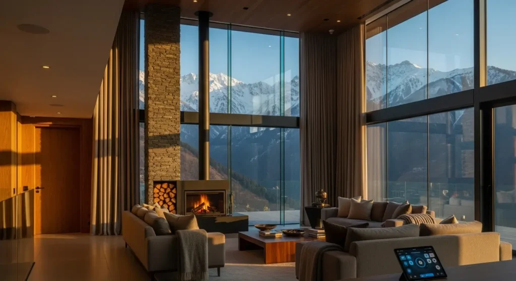 Smart home with mountain views featuring interior design trends in Swat 2025 and modern automation.