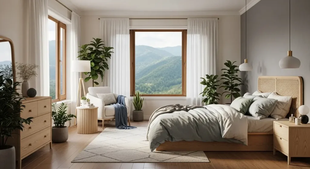 Wellness-inspired bedroom following interior design trends in Swat 2025 with plants and natural light.
