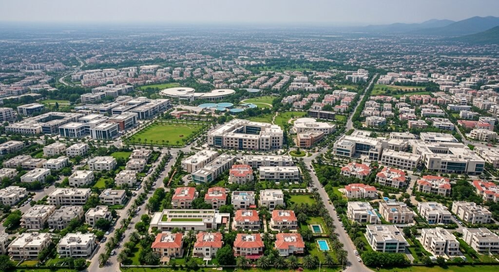 Aerial view of real estate in Islamabad with DHA and Bahria Town housing against Margalla Hills backdrop
