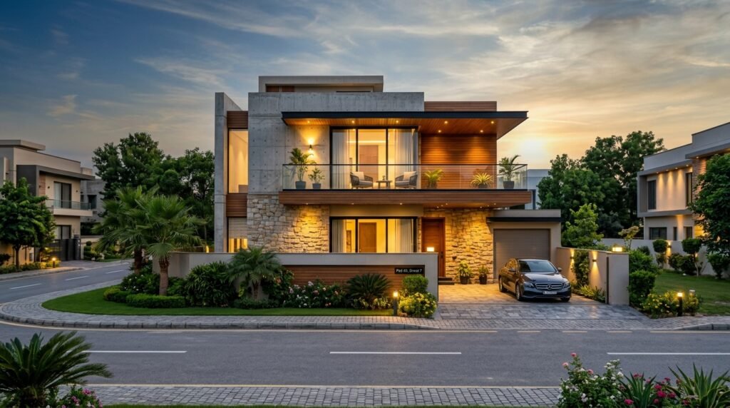 premium design and build house in Rawalpindi Islamabad region, modern luxury villa, grey structure turned into elegant finished home, clean lines, large front elevation, stylish gate, landscaped garden, exterior wall lights, realistic materials, cloudy sky, high-end architectural render, ultra realistic, 8K, sharp focus, professional construction portfolio style