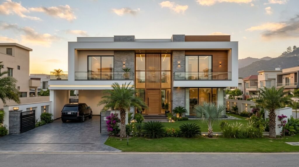 premium design and build house in Rawalpindi Islamabad region, modern luxury villa, grey structure turned into elegant finished home, clean lines, large front elevation, stylish gate, landscaped garden, exterior wall lights, realistic materials, cloudy sky, high-end architectural render, ultra realistic, 8K, sharp focus, professional construction portfolio style