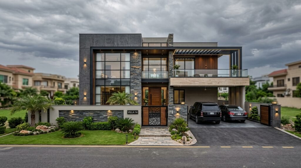 premium design and build house in Rawalpindi Islamabad region, modern luxury villa, grey structure turned into elegant finished home, clean lines, large front elevation, stylish gate, landscaped garden, exterior wall lights, realistic materials, cloudy sky, high-end architectural render, ultra realistic, 8K, sharp focus, professional construction portfolio style