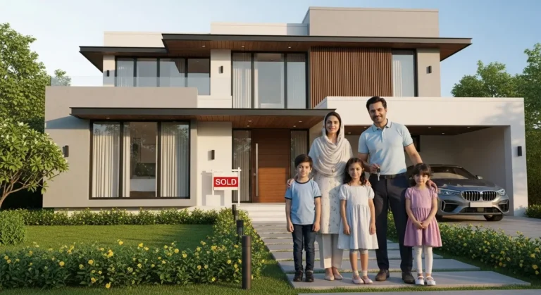 Pakistani family standing outside newly bought house in pakistan