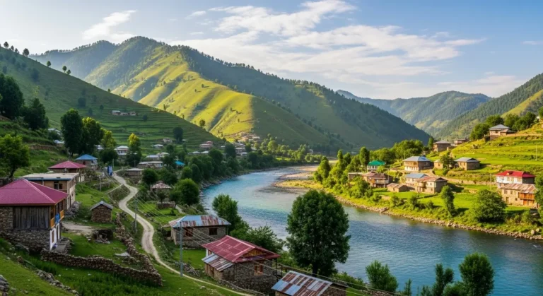 Scenic view of one of the best areas for budget homes in Swat with river and village backdrop.