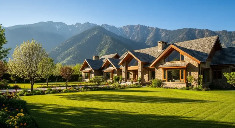 Modern 1 Kanal house design in Swat with traditional sloped roof and scenic mountain backdrop