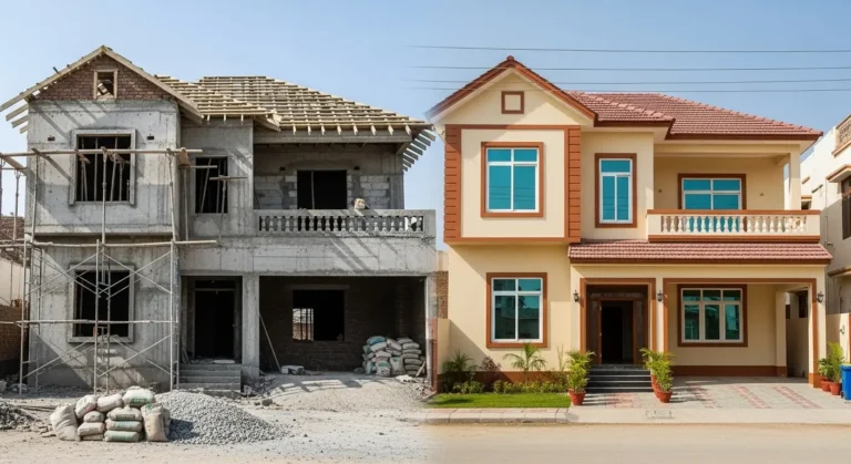 Comparison of grey vs finished house design in Pakistan, highlighting key visual differences that reflect Grey Structure vs. Finishing Cost in Pakistan 2025.