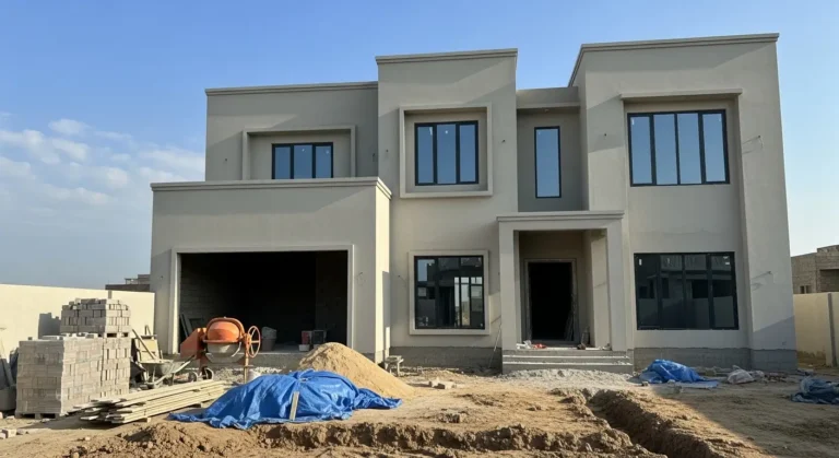 Double-story 1 Kanal house under construction in Pakistan with modern architecture – 2025 view.