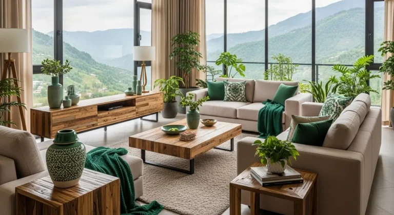 Sustainable living room showcasing interior design trends in Swat 2025 with reclaimed wood and valley views.